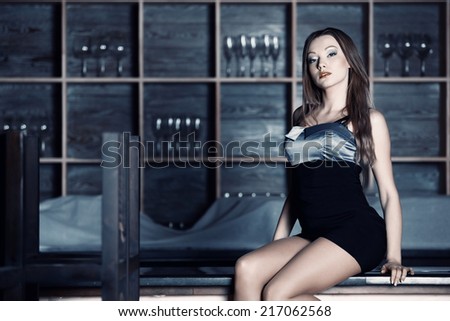 Stylish lady sitting in bar. Horizontal photo