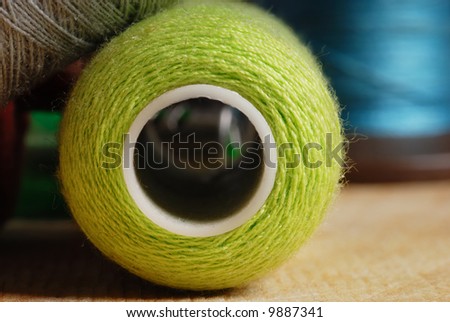 Extremely close-up view of colored cotton threads