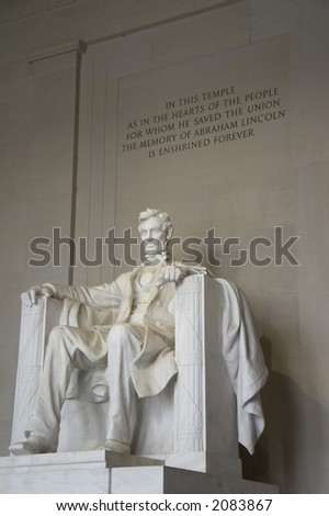 Sculpture of Abraham Lincoln sitting and looking, inside Lincoln Memorial, Washington DC, USA