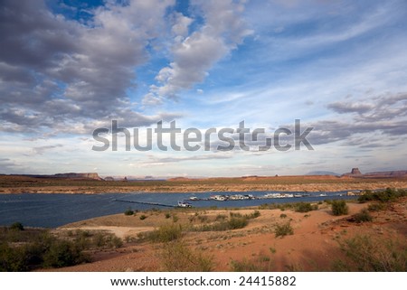 Recreation are with boats on Lake Powell near Page in Arizona, USA