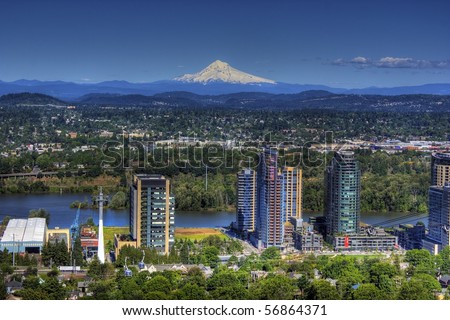 HDR of Mount Hood with Portland in the forground, shot taken from OHSU