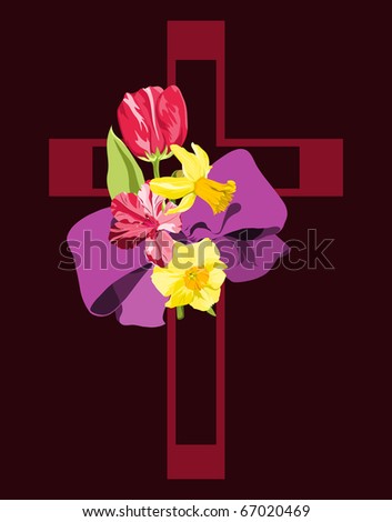 Raster cross adorned with spring flowers and purple bow