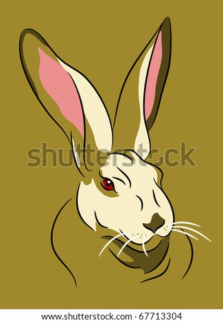 Raster rabbit face in linear style on green background