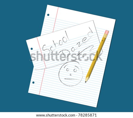 Ruled notebook paper and pencil with sketch of face wearing a dazed, overwhelmed expression