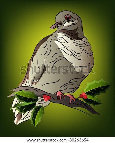 Raster Gray dove perched on a holly branch on a green background
