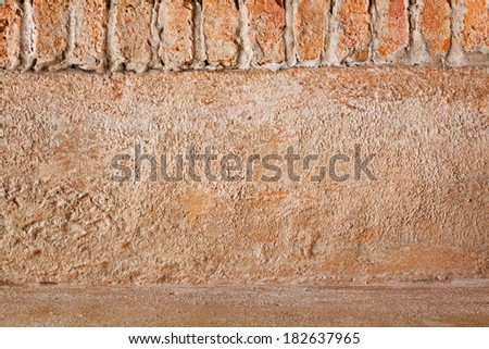 grunge vintage brick and cement border background template, warm tone color, horizontal format, with text, copy space