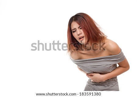 menstruation pain or stomach trouble, woman hand holding her belly white isolated background