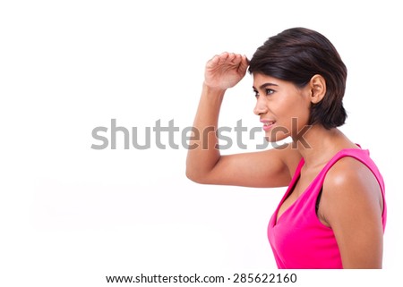 woman looking, searching, finding something on white isolated background
