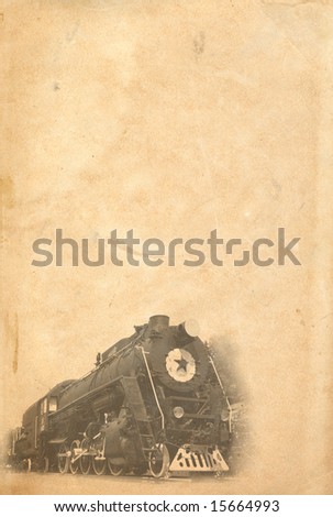 Vintage background. Scan of real old paper combined with photo of steam locomotive taken by author