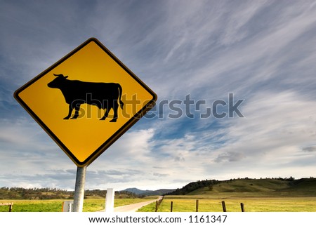 A bright yellow cow sign along a beautiful country road.