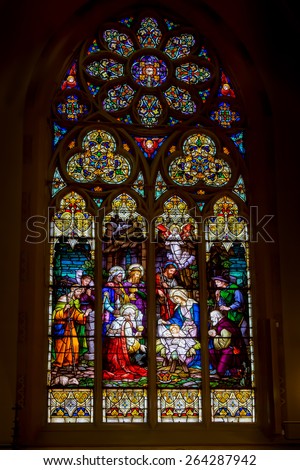 SAINT LOUIS, UNITED STATES - MARCH 11: Stained glass window of nativity of Christ in St John Nepomuk Church on March 11, 2015.  St. John Nepomuk is the oldest Czech Roman Catholic church in the US