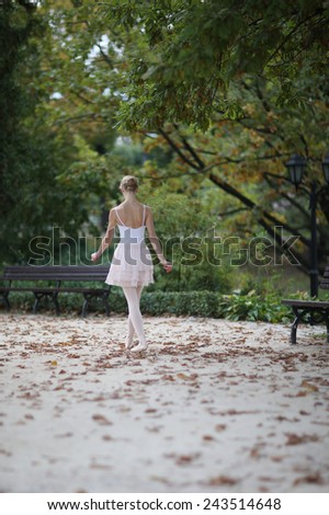 Back view of a ballerina walking in the park