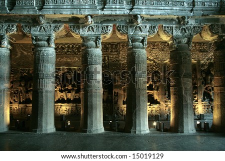 ancient Indian temple, nightly illuminating from beneath