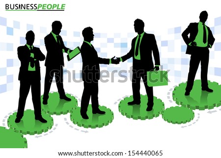 Business People standing on Cogs and Gears Business People is a  series of High End business graphics that are updated every month. Each Element is placed on a separate layer for easy to use editing.
