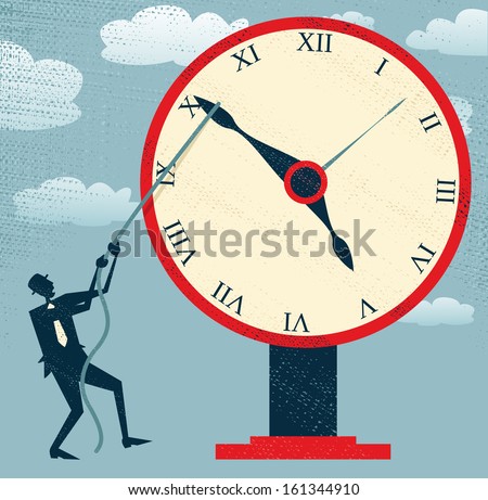 Abstract Businessman holding back Time. Vector illustration of Retro styled Businessman desperately trying to hold back time so he can make an important deadline.