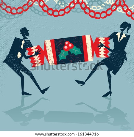 Abstract Business People enjoy Christmas Party. Vector illustration of Retro styled Businessman and Woman pulling a huge christmas cracker at their Christmas party to celebrate a year of success.