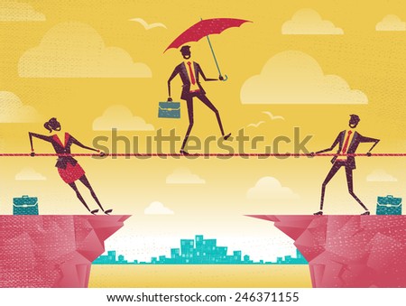 Businessman and Businesswoman use Teamwork on Clifftop. Great illustration of Retro styled Business People working as a team to assist their colleague through a difficult situation.