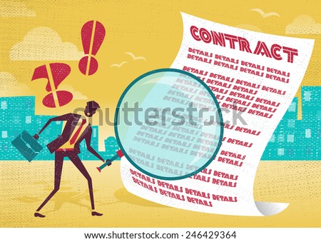 Businessman uses magnifying glass to check contract. Businessman is very careful to check the fine print of his business contract with his huge magnifying glass.