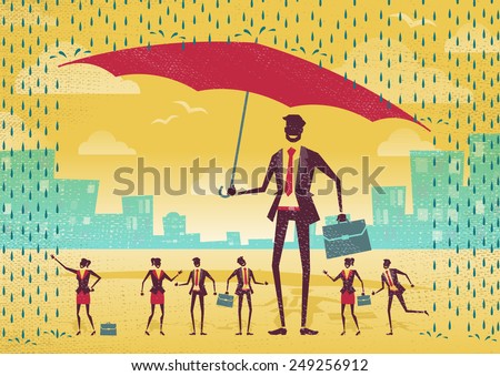 Great illustration of Retro Styled Businessman who is helping his team to stay dry under his huge umbrella.  