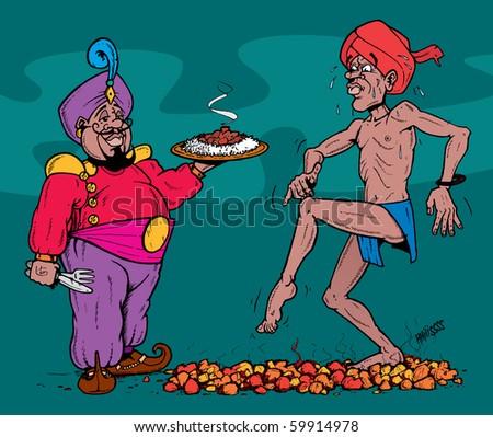 Now you think that's hot, try this curry my friend. Vector illustration of a man walking on hot coals, next to a waiter holding an even hotter curry