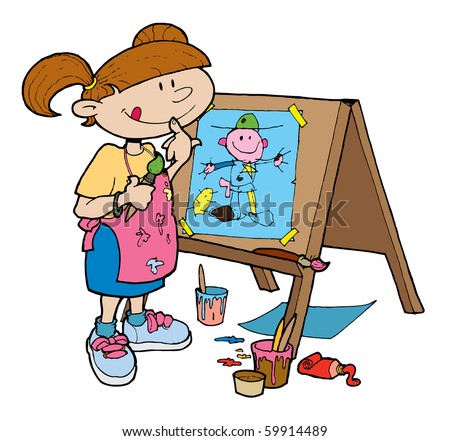 Pen And Ink Vector Illustration Of A Young Girl Happily Painting On An ...