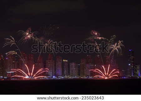 DUBAI, UAE - DECEMBER 2: UAE National Day-2014 celebration with fireworks in JBR Dubai Marina on December 2,2014 in Dubai, UAE