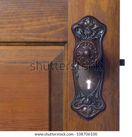 Old antique door and door handle with an illuminated key hole begging for one to see whatÃ¢Â?Â?s on the other side