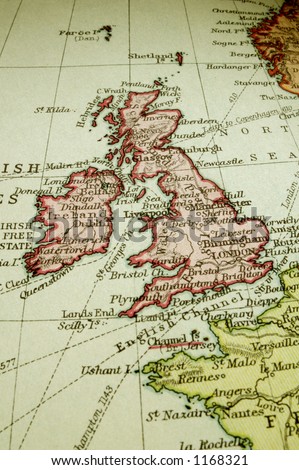 Macro of an old atlas map (about 100 years old) of the British Isles - England, Scotland, Wales and Ireland - with a bit of France and Norway too.