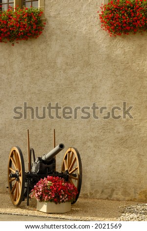 An old cannon outside a castle in Switzerland, guarding a tub of begonias. Geraniums on the window ledges above.
