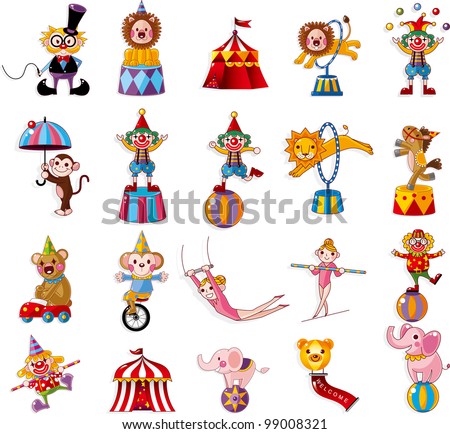 Cartoon Happy Circus Show Icons Collection Stock Vector Illustration ...