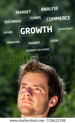 Young persons head looking at business icons and images