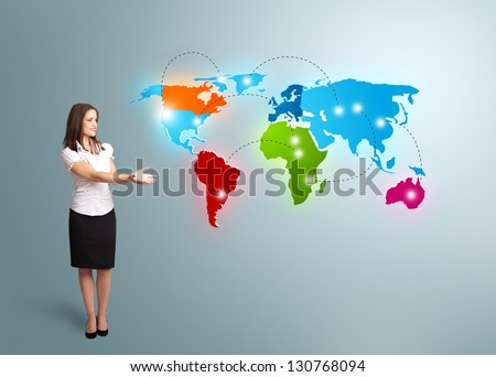 Beautiful young woman presenting colorful world map