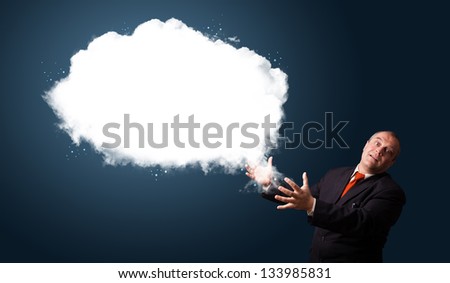 Crazy businessman in suit presenting abstract cloud copy space