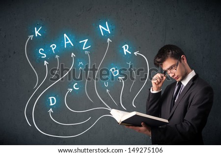 Young man reading a book while multiple choices are coming out of the book