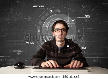 Young hacker in futuristic enviroment hacking personal information on tech background