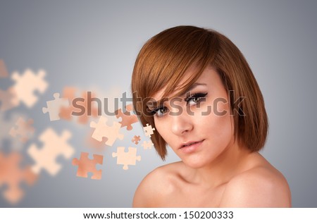 Pretty young girl with skin puzzle illustration on gradient background