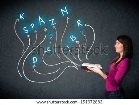 Young woman reading a book while multiple choices are coming out of the book