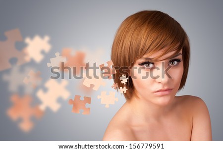 Pretty young girl with skin puzzle illustration on gradient background