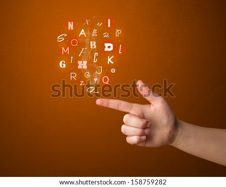 Glowing letters coming out of gun shaped hands