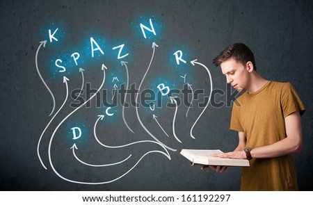 Young man reading a book while multiple choices are coming out of the book
