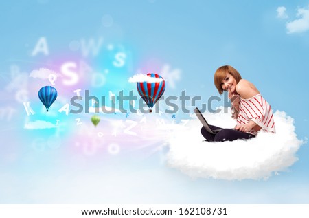 Pretty young woman sitting in cloud with laptop, balloons and letters concept