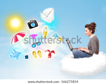 Pretty young woman sitting in cloud with laptop, summer travel concept