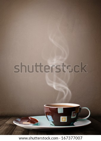 Coffee cup with abstract white steam, close up