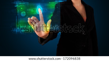 Businesswoman pressing modern technology panel with finger print reader