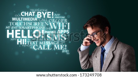 Young man in suit making phone call with word cloud