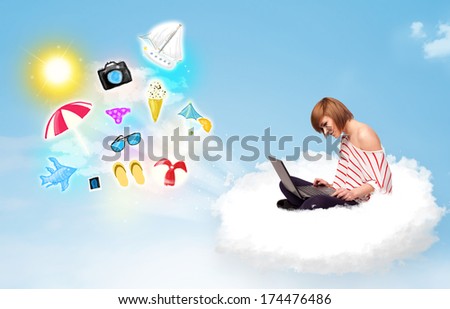 Pretty young woman sitting in cloud with laptop, summer travel concept