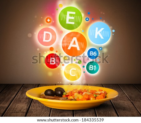 Food plate with delicious meal and healthy colorful vitamin symbols