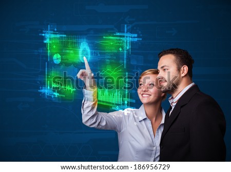 Business couple pressing modern technology panel with finger print reader