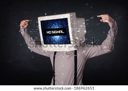 Man with a monitor head, no signal sign exploding out of the display