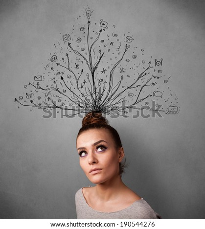 Pretty young woman thinking with tangled lines coming out of her head